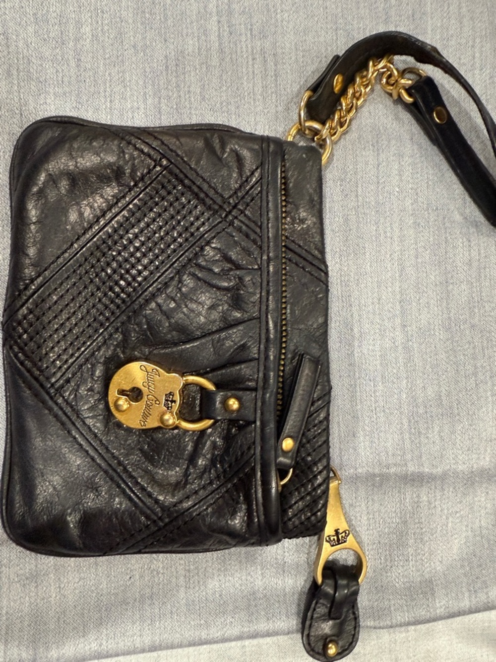 Juicy Couture Black Quilted Leather Wristlet with Gold Hardware